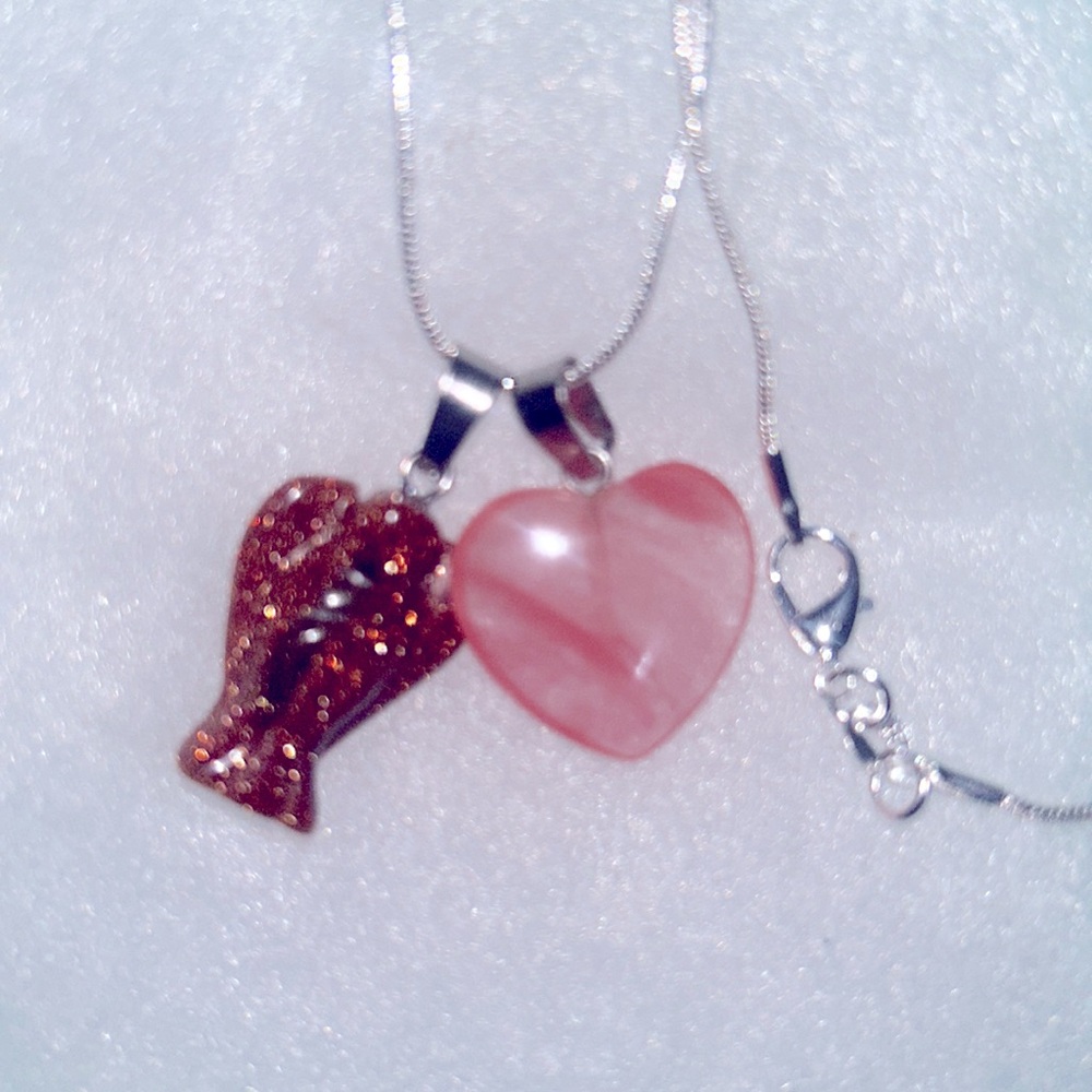 Boho Goldstone Crystal Angel & Cherry Quartz Heart Sterling Silver Ne…